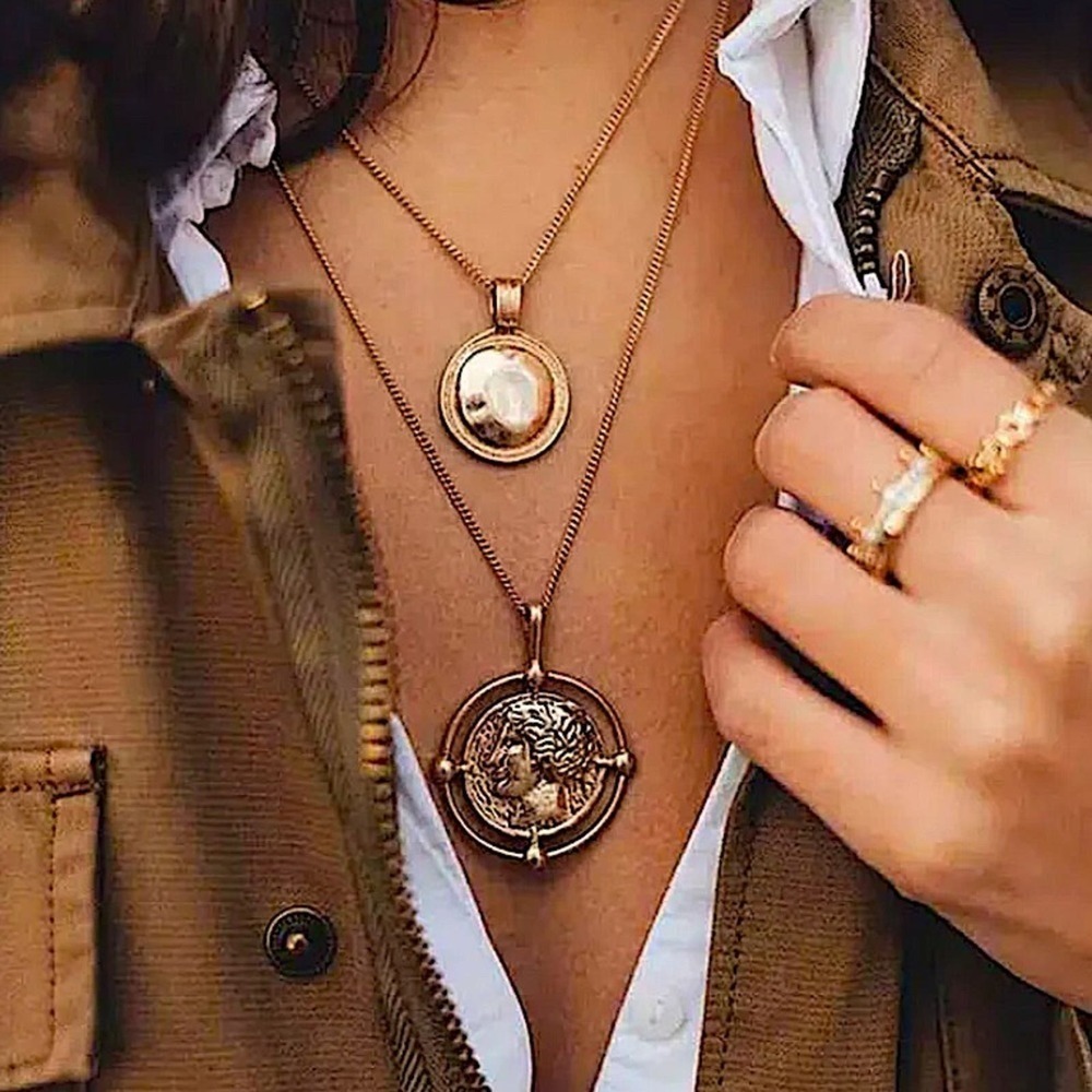 Gold Coin Pendant Necklace, Multilayer, Charm, Boho, Medallion